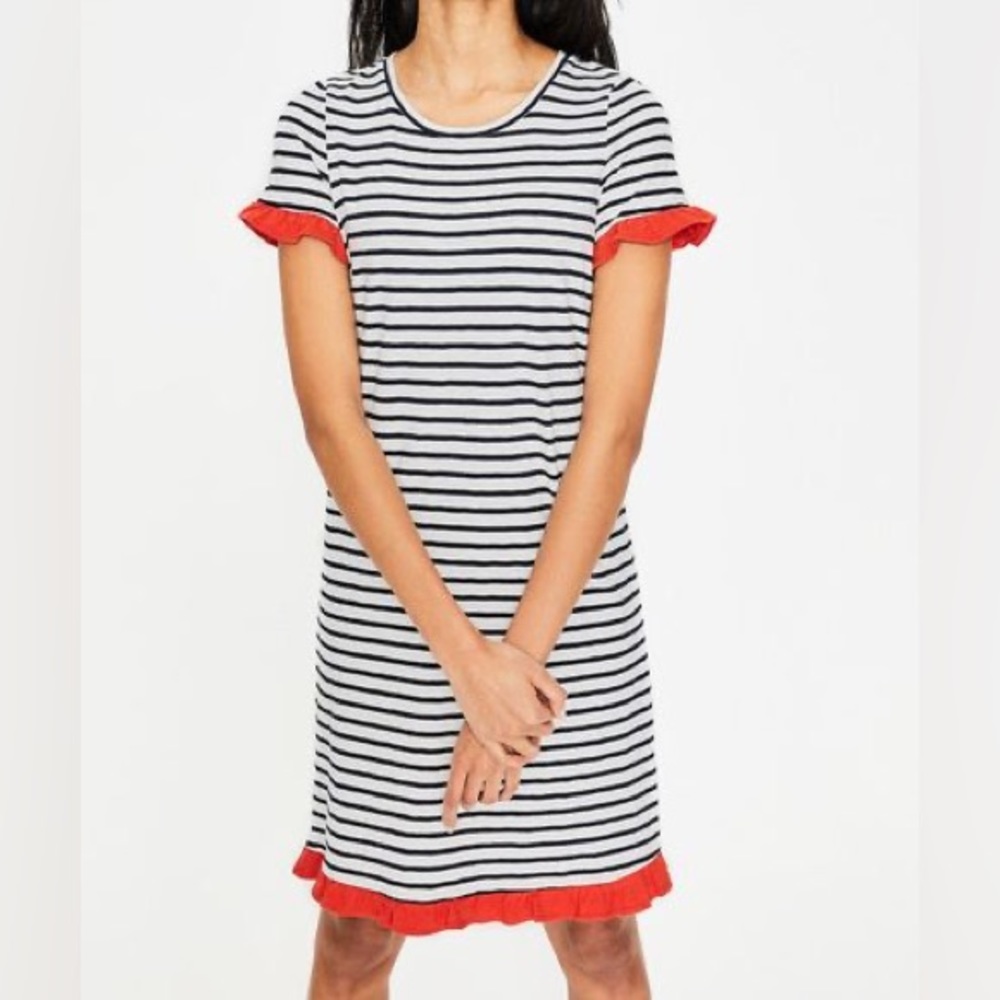 Boden Dress Striped Navy White Red T-shirt Dress Sz 14 Long Patriotic Classy EUC